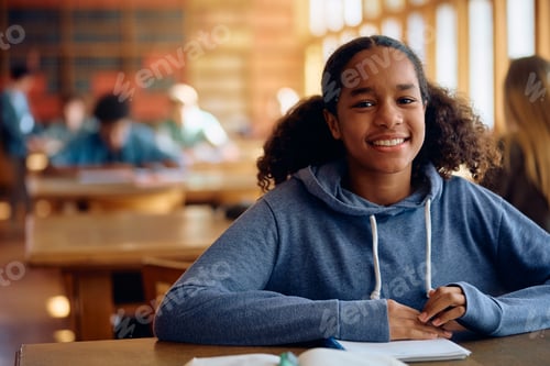 Preview: Happy black high school student in the classroom looking at camera.