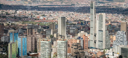 Preview: Aerial view of the skyline of Bogota, Colombia, showcasing modern skyscrapers and urban sprawl