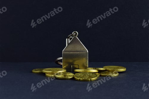 Preview: Closeup of golden coins with a silver house keychain isolated on dark background.