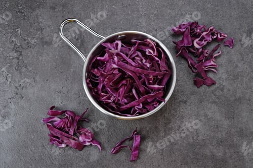 Shredded Red Cabbage in a Pot on Grey
