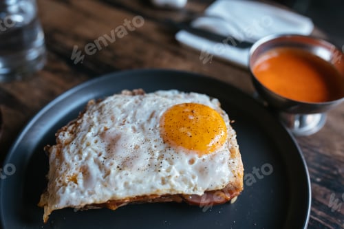 Preview: Toast with cheese and sausage covered with fried egg
