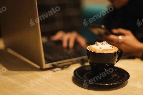Preview: Cat latte art coffee and laptop