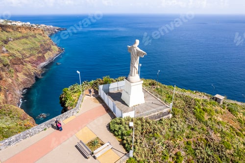 Preview: Jesus Christ Statue of Christ the King in Garajau (Cristo Rei ) near Funchal. Aerial drone view