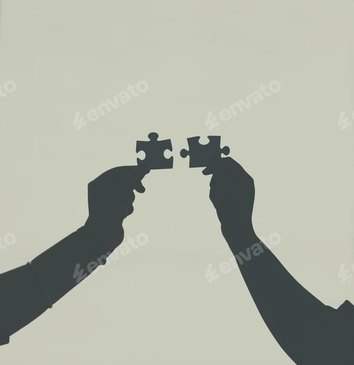 Preview: Defocussed shot of two unrecognizable businesspeople holding two puzzle pieces together