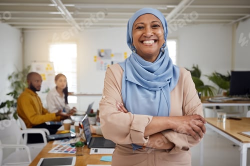 Preview: Leadership, Muslim woman portrait and arms crossed of business manager in a office with a smile. Co