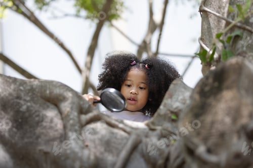 Preview: Close-up of cute afro cury hair girl looking at tree through magnifying glass.