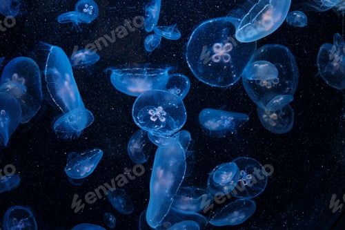 Graceful translucent jellyfish drifting in deep blue aquarium.
