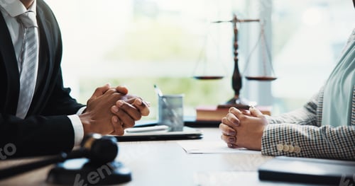 Preview: Gavel, lawyers and hands of business people in meeting for legal consultation, contract and discuss