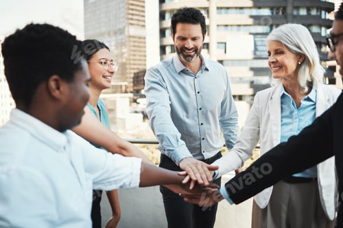 Preview: Shot of a diverse group of businesspeople standing outside together and stacking her hands