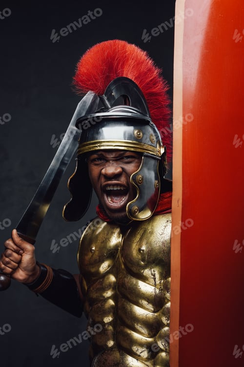 Preview: Furious african warrior going to battle with sword and shield