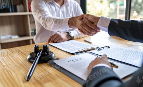 Preview: Lawyers shake hands with business people to seal a deal with partner lawyers. or a lawyer discussing