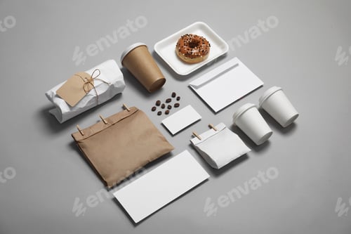 Preview: Composition with items for mock up design on gray background. Food delivery service