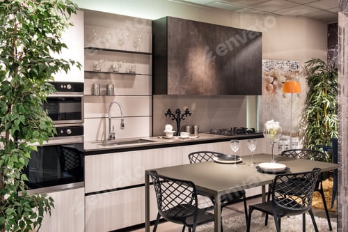 Preview: Stylish modern fitted kitchen and dining area