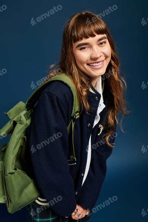 Preview: Young student with a joyful smile showcasing her style, ready for a day of learning and exploration