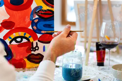 Preview: Hand painting abstract artwork enjoying art and wine workshop