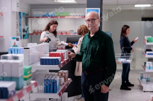 Preview: Senior man standing in drugstore in front of shelves