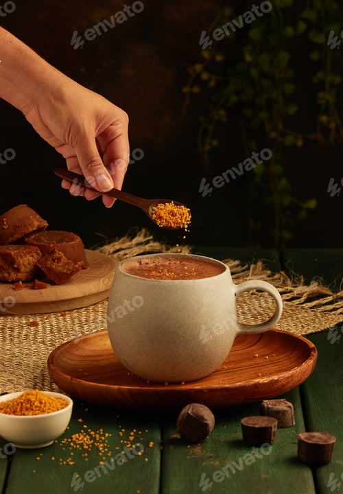 Preview: Vertical shot of hand adding brown sugar to the cup of coffee