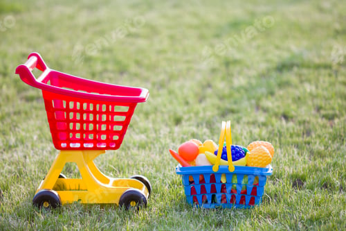 Preview: Shopping pushcart and a basket with toy fruits and vegetables.