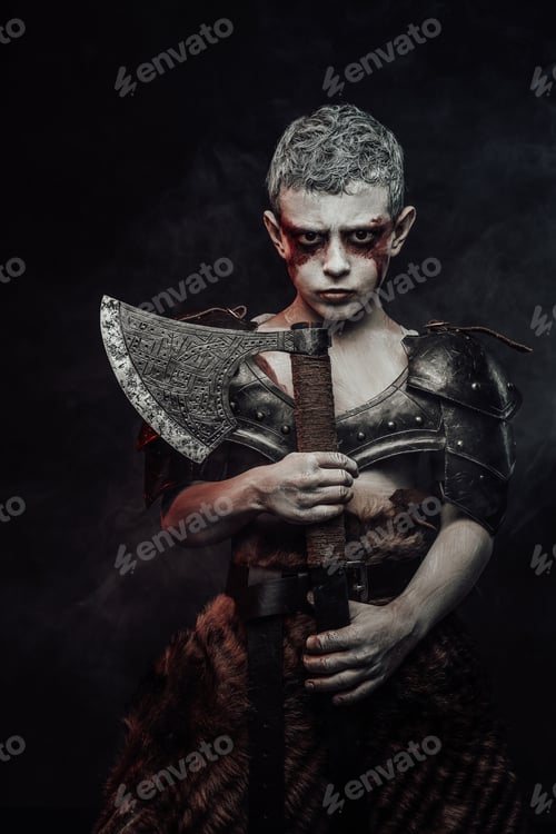 Preview: Fantasy little soldier from the past with axe in dark background