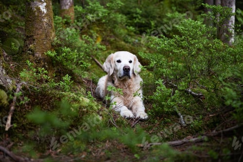 Preview: Young adorable golden retriever dog sitting on spring green moss and grass in a park or forest.