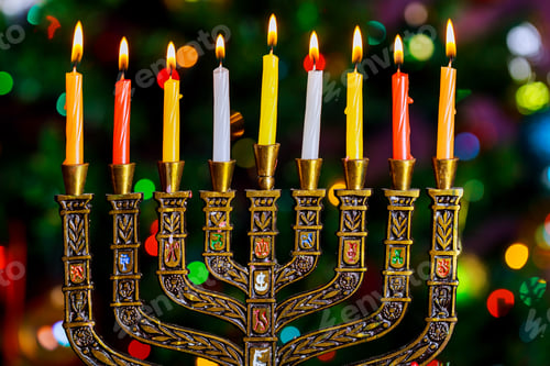 Preview: jewish holiday Hanukkah background with menorah traditional candelabra and burning candles defocused