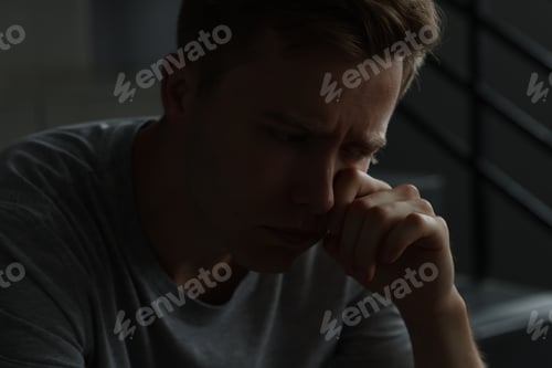 Preview: Sad man crying alone in darkness. Depression