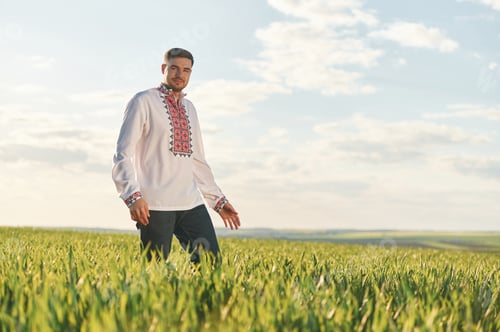 Preview: Man in Ukrainian embroidery shirt is on the agricultural field at summer daytime