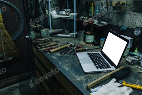 Preview: View of old tools,laptop and phone on table
