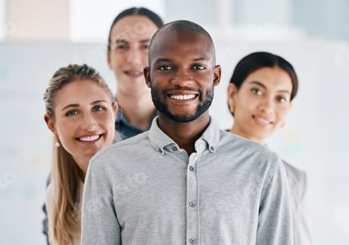 Preview: Black man leader, teamwork portrait and collaboration, company vision and happy staff. Business peo