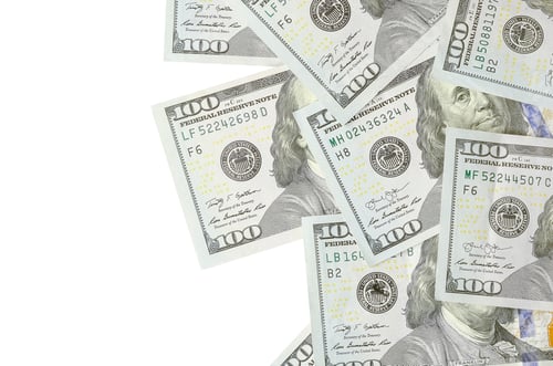 Preview: Stack of one hundred dollar bills on white background