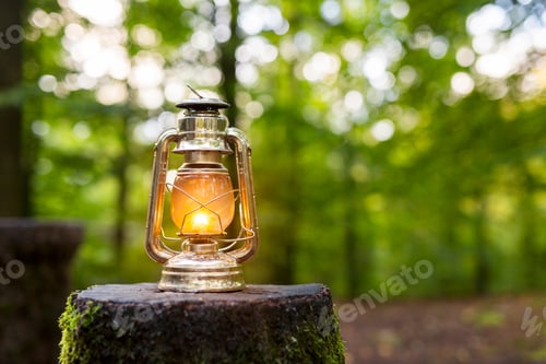 Preview: Close-up of kerosene lamp in forest