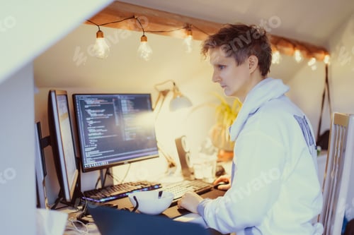 Preview: IT specialist programmer writing code on his pc and laptop. Developer remote home office. Freelance