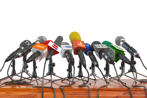 Preview: Microphones of different mass media, radio, tv and press prepare