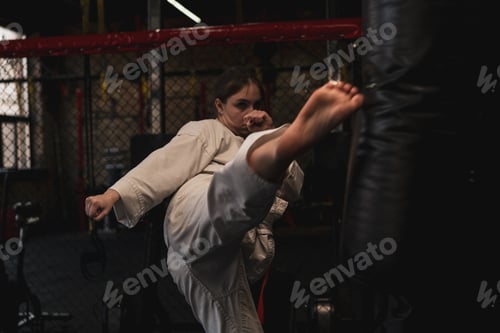 Preview: A girl in a kimono exercises with a punching bag in gym while learning karate martial arts