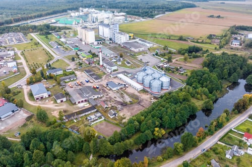 Preview: aerial view of a huge agro-industrial complex with silos and grain drying line