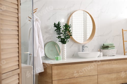 Preview: Modern bathroom interior with stylish mirror and vessel sink