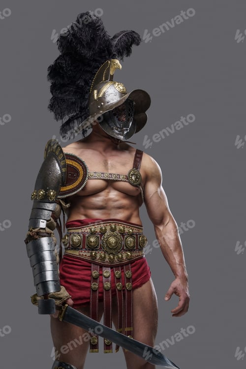 Preview: Muscular arena warrior with gladius against grey background