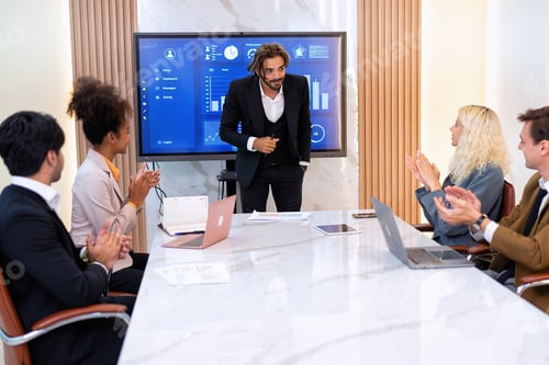 Preview: Employee on job corporate Business colleagues around the table look presentation from large screen