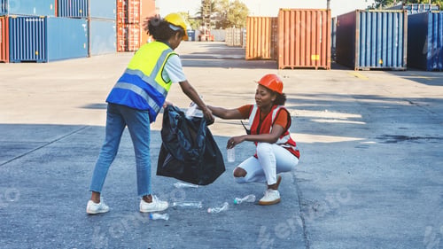 Preview: African american woman worker put on safety helmets hand hold garbage and plastic garbage into bag