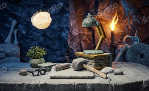 Preview: Funny prehistoric office desk in a cave