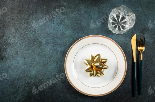 Preview: Christmas table setting with dishware. New Year place setting. Christmas tableware. Christmas