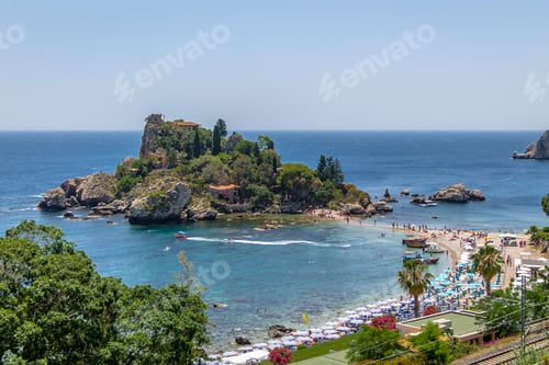 Preview: Aerial view of Isola Bella island and beach - Taormina, Sicily, Italy