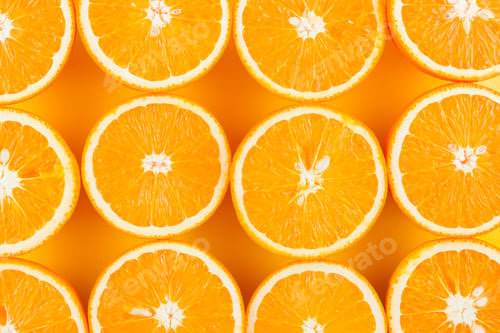 Preview: Cut Halves Of Juicy Orange On Yellow Background. Orange Fruit, Citrus Minimal Concept. Creative