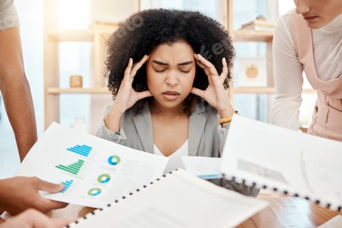 Preview: Stress, headache and burnout of business woman with busy schedule during tax compliance, report and