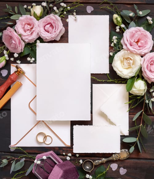 Preview: Cards and envelope between pink and cream roses on brown wood top view, wedding mockup