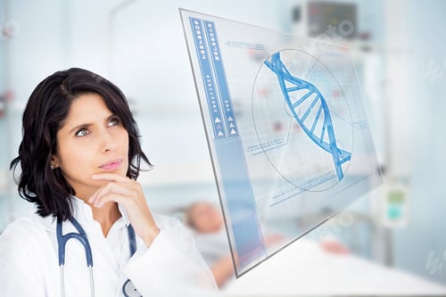 Preview: Doctor Studying Virtual Screen Showing Dna Helix In Hospital Ward