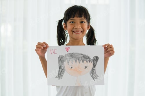 Preview: Cute little preschooler child drawing yourself at home