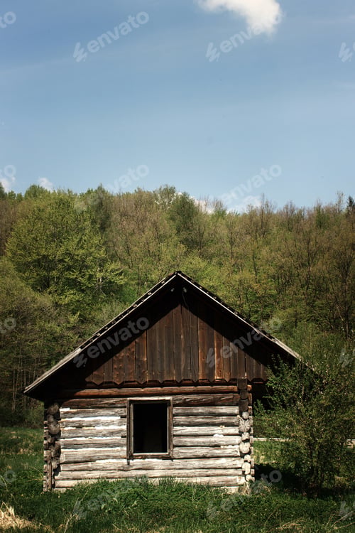 Preview: old window and wooden cottage, aged cottage, traveling in sunny mountains