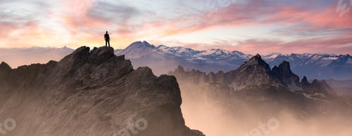 Preview: Epic Adventure Composite of Man Hiker on top of a rocky mountain.