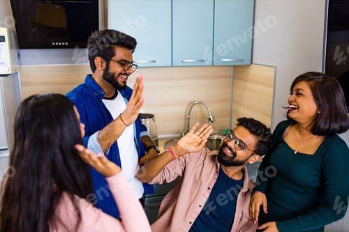 Preview: four best friends meeting at kitchen and glad to see each other